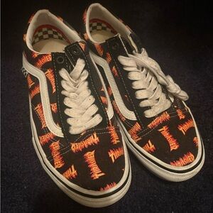 Vans Black and White Sneakers with Red and Orange Thrasher Print